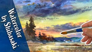 [Eng sub] Watercolor painting of Morning glow view / Japan Landscapes / creative scenery/Calming art