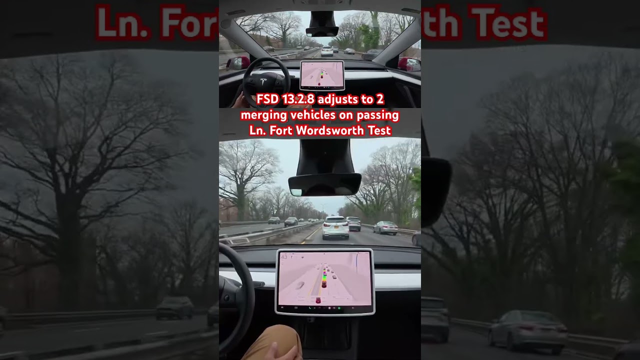 FSD 13.2.8 adjusts to 2 merging vehicles on passing Ln. Fort Wordsworth Test 