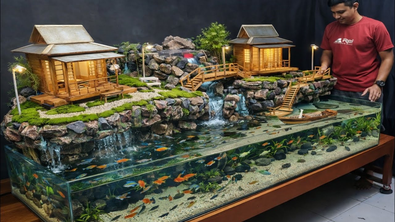 More Than Just an Aquarium! A Mini Japanese Village with a Real Waterfall