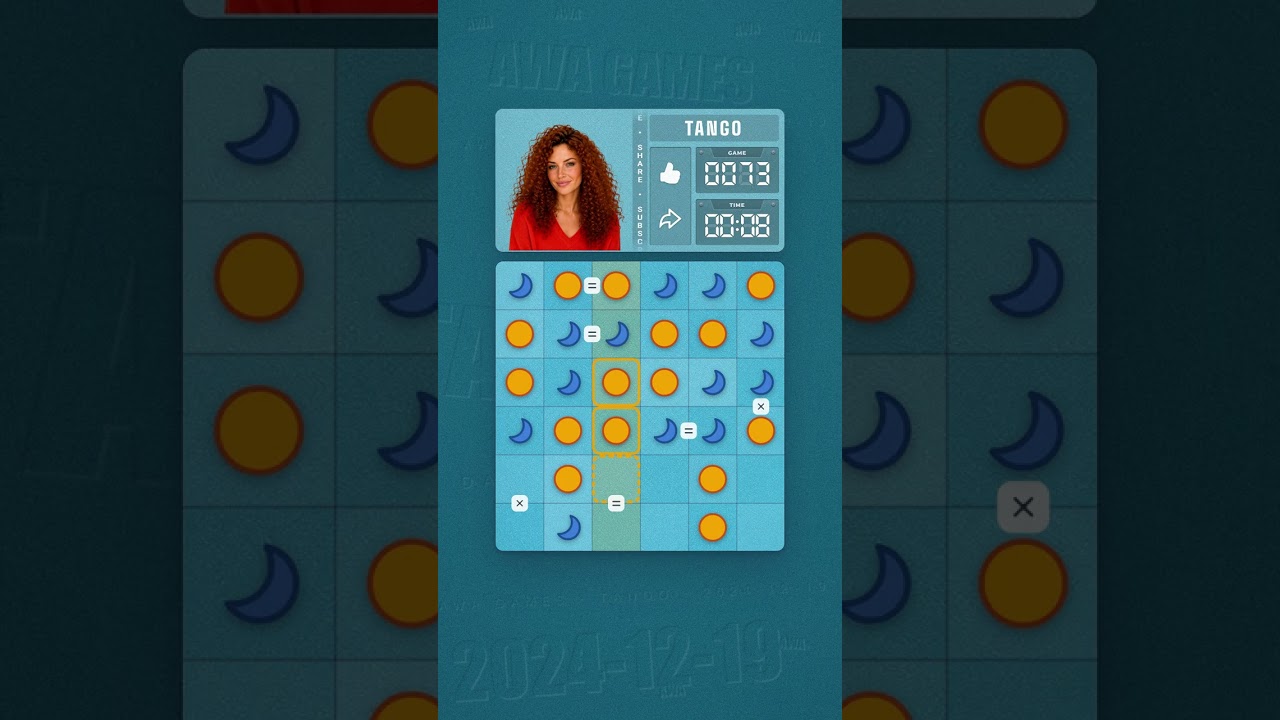 LinkedIn Tango #73 solved board for December 19, 2024, 6x6 grid