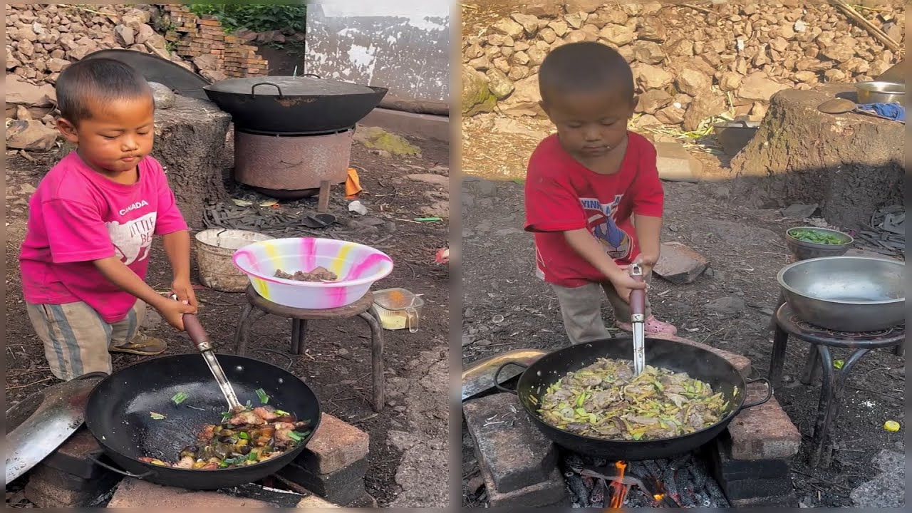 Adorable Little boy cooking food , Rural life village
