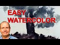 Simple watercolor landscape tree and sunset. Easy paintings for beginner watercolor artists.