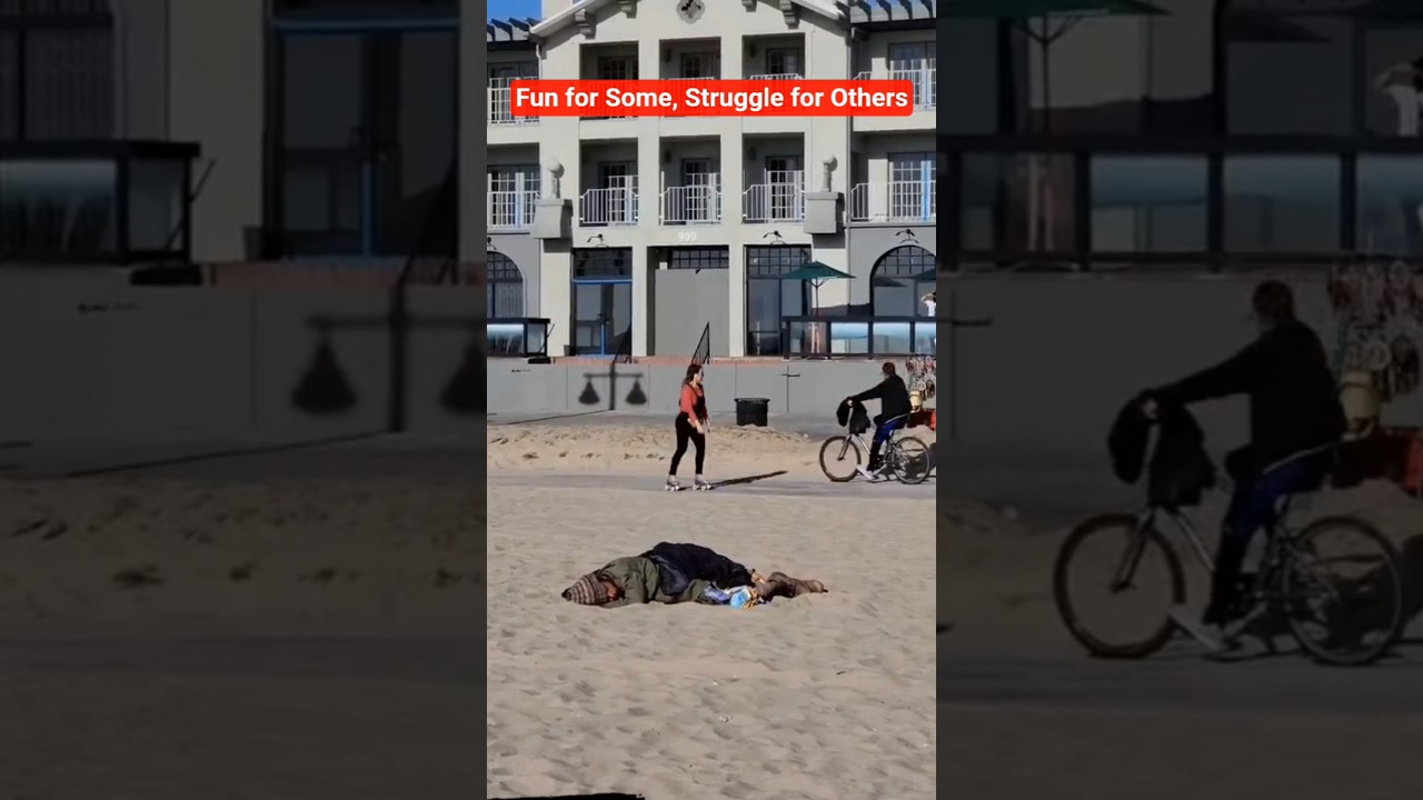 Homeless Man Overlooked in Santa Monica Beach | Fun for Some, Struggle for Others