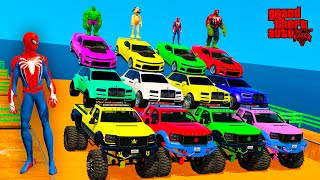 Spiderman &amp; Super Heroes Race In Mega Ramps By Mack Trucks &amp; Sea Bikes Super Cars