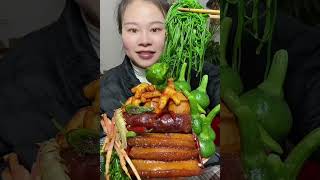 Susu Yummy Spicy Food Mukbang  Eating Braised Pork Belly With Spicy Chicken Feet And Green Veggies 