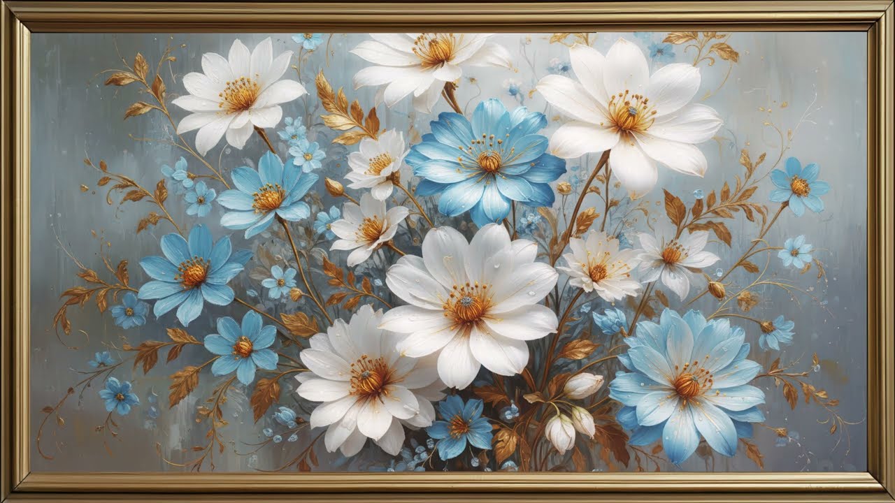 White Anemone Serenity | Gold Frame TV Art | 4K Relaxing Blue Floral Ambience No Sound