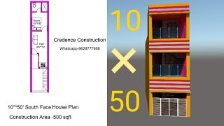 10×50 House Plan|South Face|3D Elevation|Tamil