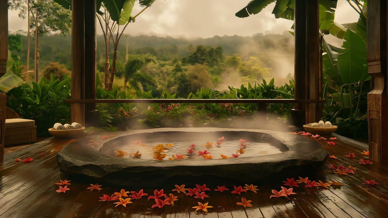 Jungle Stone Spa Ambience | 4 Hours Warm Water, Misty Jungle & Nature Sounds For Relaxation