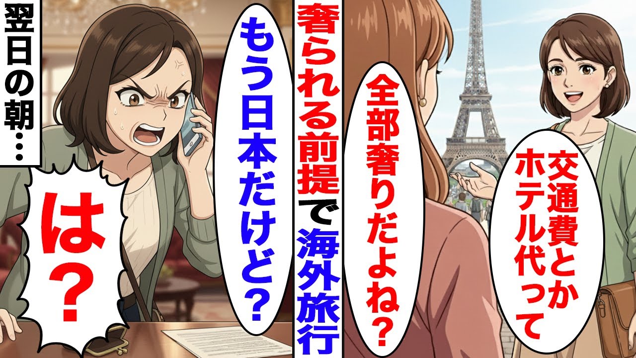【漫画】「タダ旅行」奢られる前提で海外旅行についていくママ友→高級ホテル代を払わせようとした結果「もう日本だけど？」【スカッと】【ママスカ】