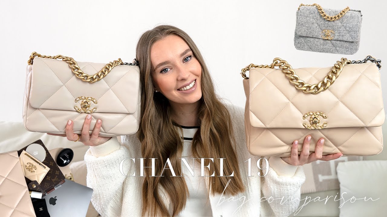 BAG COMPARISON: CHANEL 19 MEDIUM VS. LARGE & LEATHER VS. TWEED – WHAT FITS,  MEASUREMENTS & PRICES 