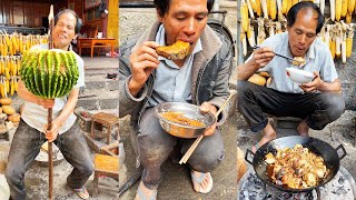 mukbang | roasted pumpkin with cow dung | spicy cactus | songsong and ermao