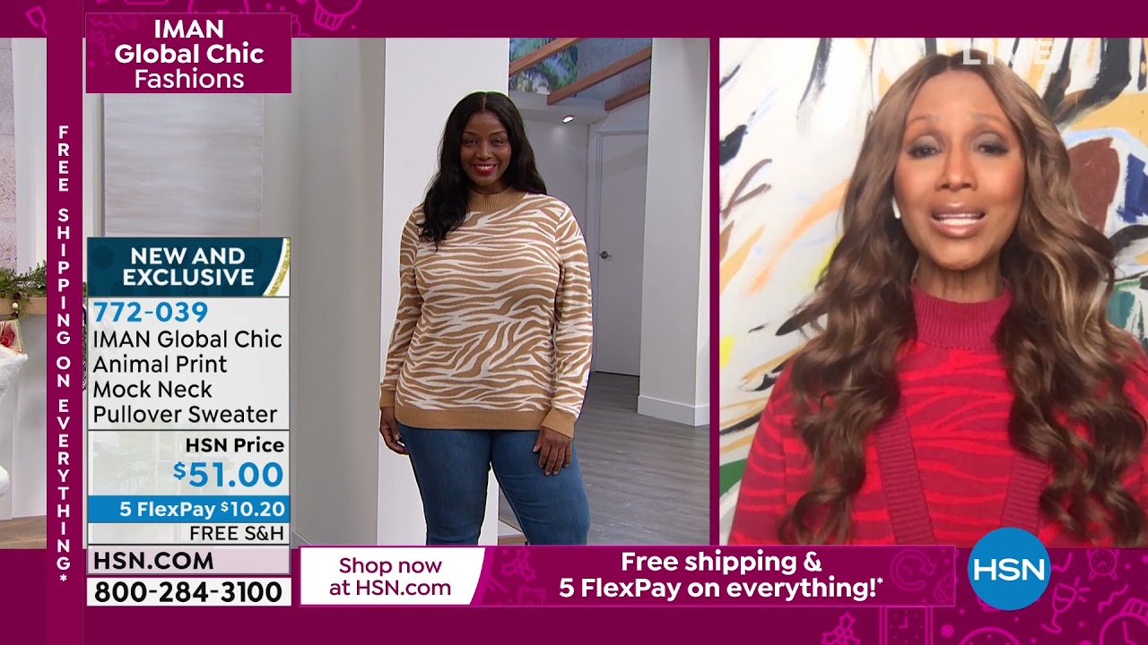 IMAN Global Chic Animal Print Mock Neck Pullover Sweater