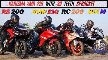 Karizma XMR210 [With 39Teeth sprocket ] vs Pulsar RS200  vs Yamaha R15m vs KTM RC200  Drag Race