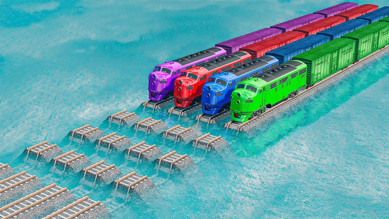 Quadruple Colorful Trains Vs Wavy Impossible Weird Rails Tracks Crossing Deepwater| BeamNG.drive