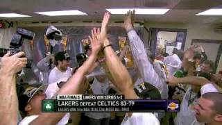 The lakers celebrate their championship in locker room at staples
center.