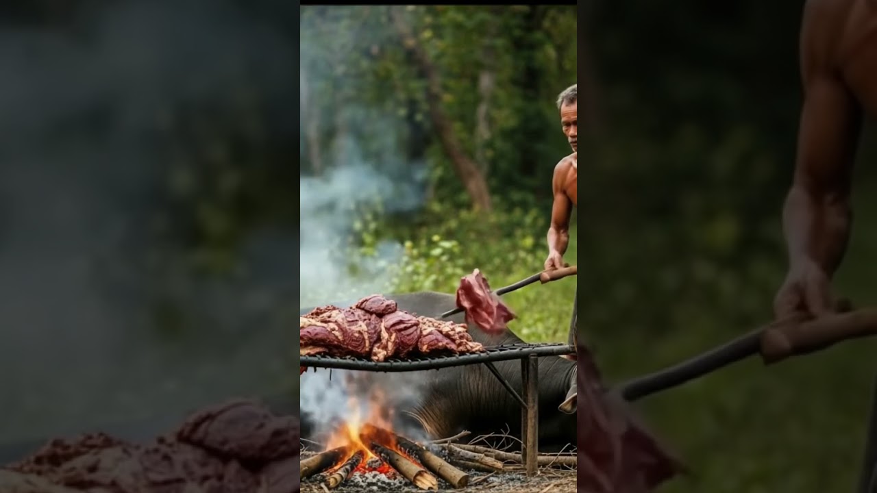 "Surviving in the Cambodian Jungle – Cooking Wild Bull with Fire! 🔥
