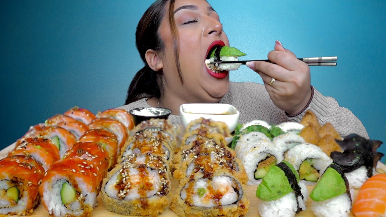 SUSHI MUKBANG BIG BITES | CRUNCHY ROLLS | TEMPURA ROLLS | VARIETY OF VEGGIE SUSHI