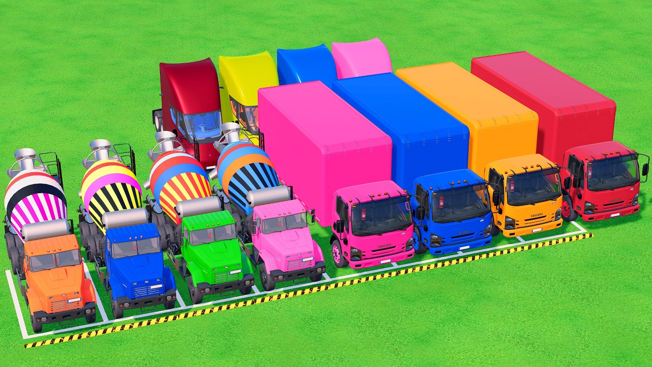 Trucks With COLORS - TRANSPORTING MIXER TRUCK and TRUCK with FLATBED TRAILER TRUCK #17