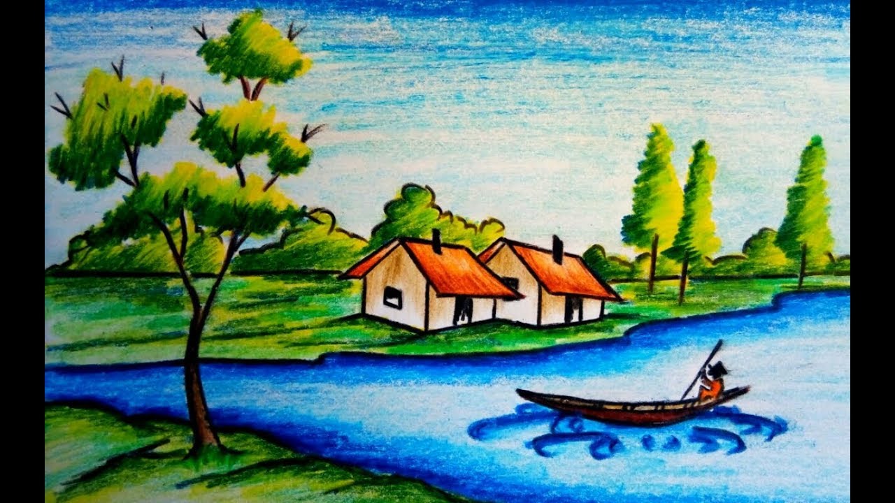 How To Draw A Beautiful Village Scenery With Oil Pastel 2017 Step By Step