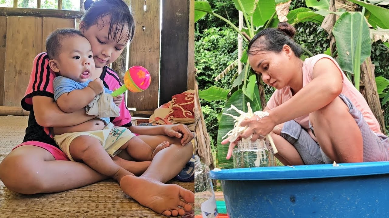Rainy day. single mother went into the forest alone to make a living and returned to her old house.