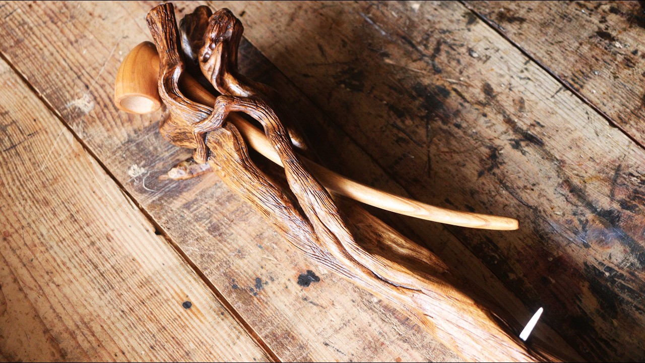 Gandalf's staff and smoking pipe. Wood carving. Cherry wood.