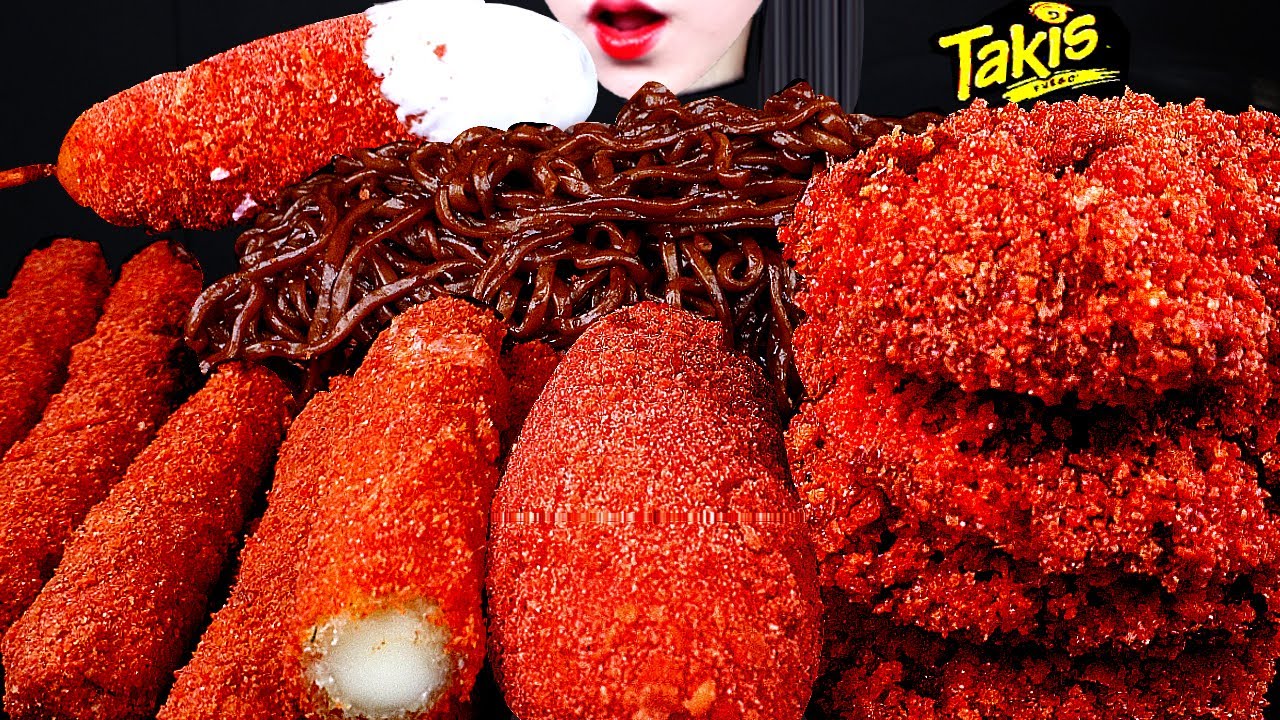 ASMR BLACK BEAN NOODLES, FRIED CHICKEN, CHEESE STICK, ONION RINGS, CORN