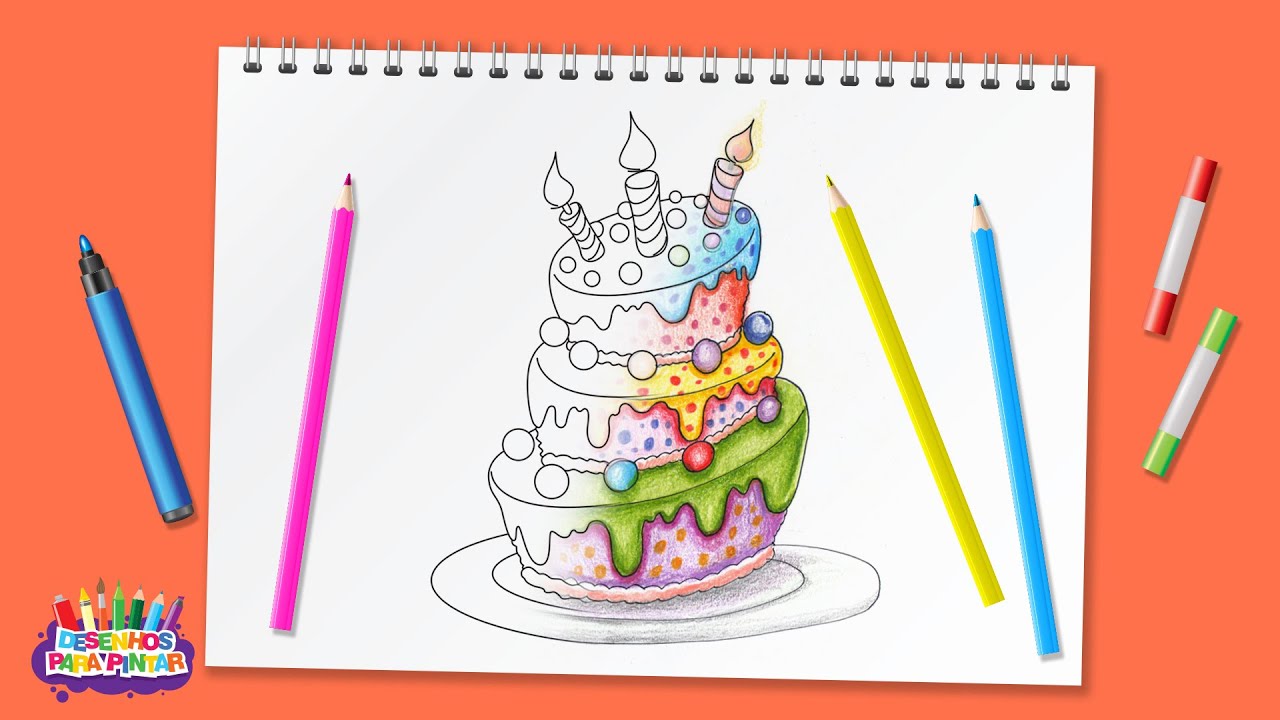 Como desenhar um Bolo de aniversário super fácil e pintar com