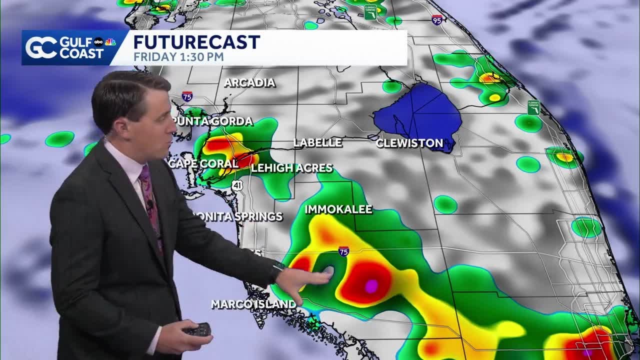 Coastal showers in the morning turn into inland storms this afternoon ...