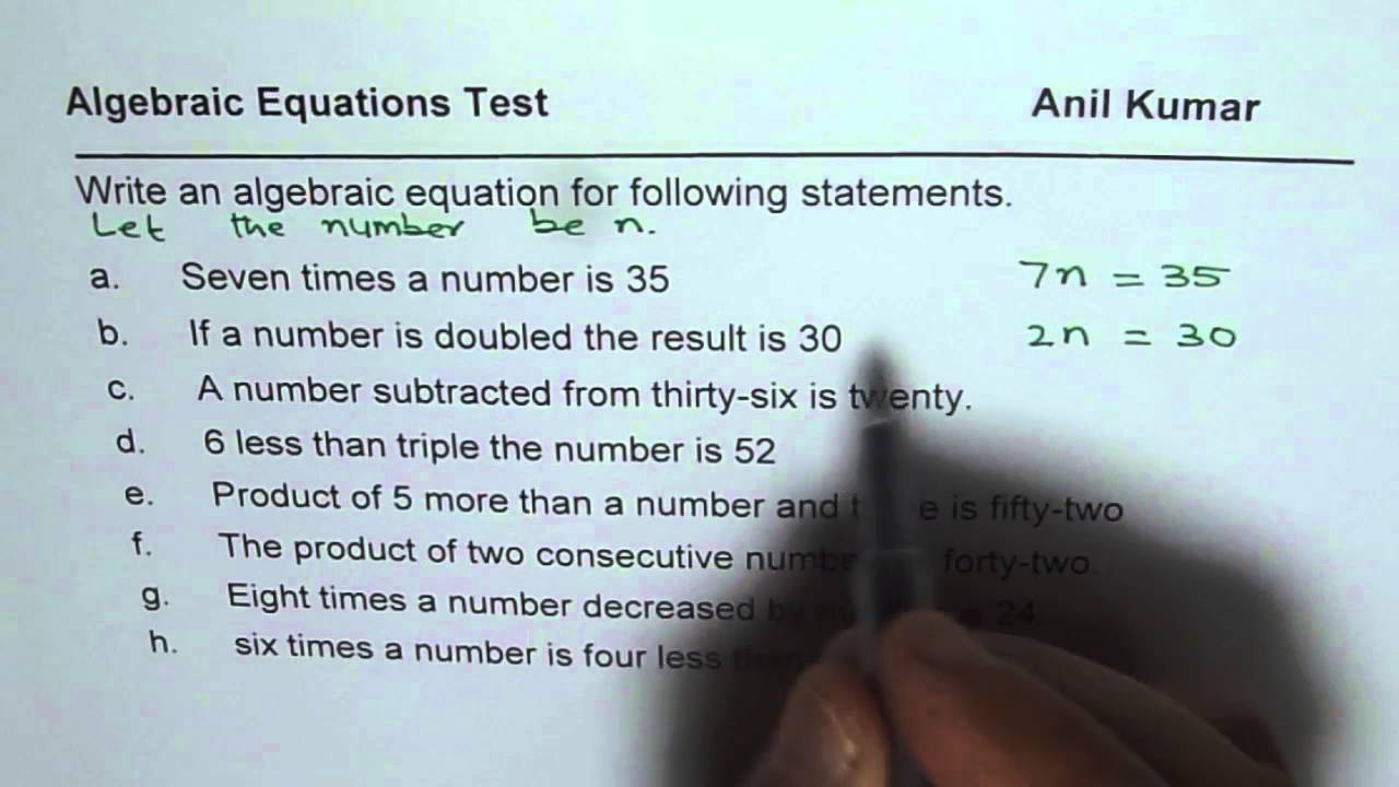 Write Algebraic Equation for the Statements