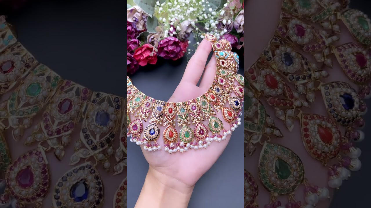 Navratan traditional Hyderabadi Jadhau imitation jewellery Gold 