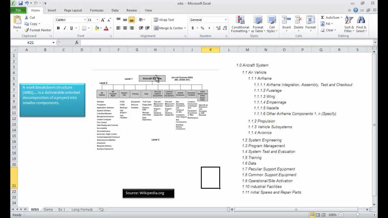 Create A Work Breakdown Structure Wbs Outline Or Dictionary In Excel Youtube