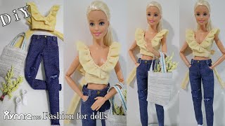 DIY How to make Jeans, Crop top & Tote bag for Barbie | nynnie me