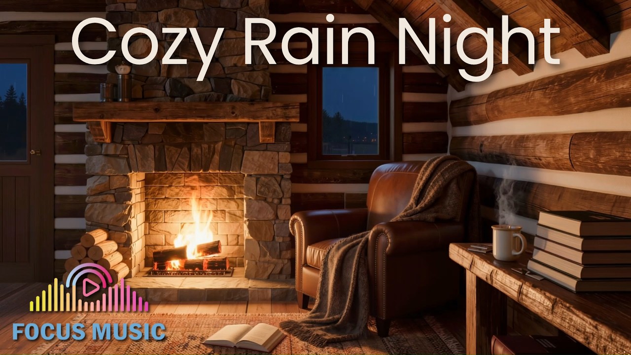 Cozy Night Study Music 🎷 Fireplace & Rain Ambience (1 Hour)