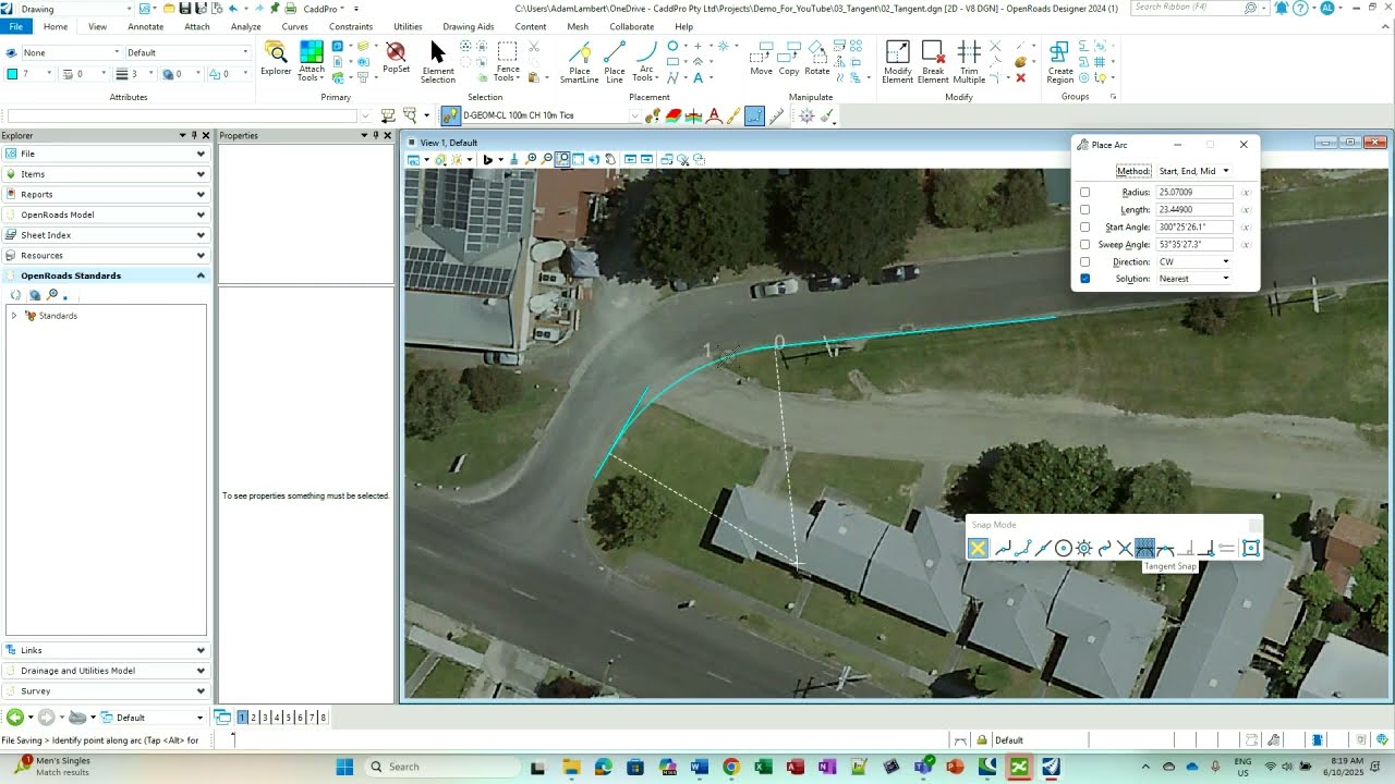 Constructing arcs tangential to lines in MicroStation, OpenRoads