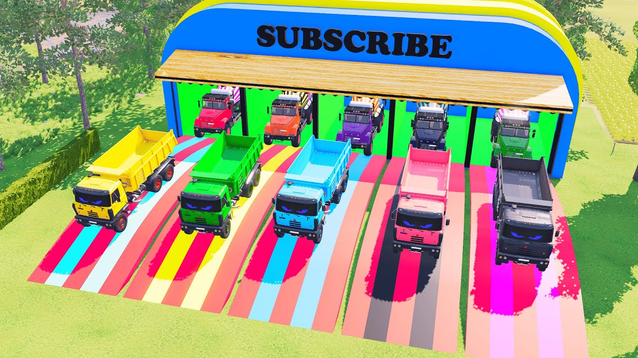 Big Truck Transport 🚛 | Trailer Hauling Mixer & Dump Truck to the Garage