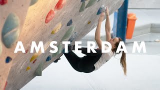 An indoor bouldering session at Monk Amsterdam