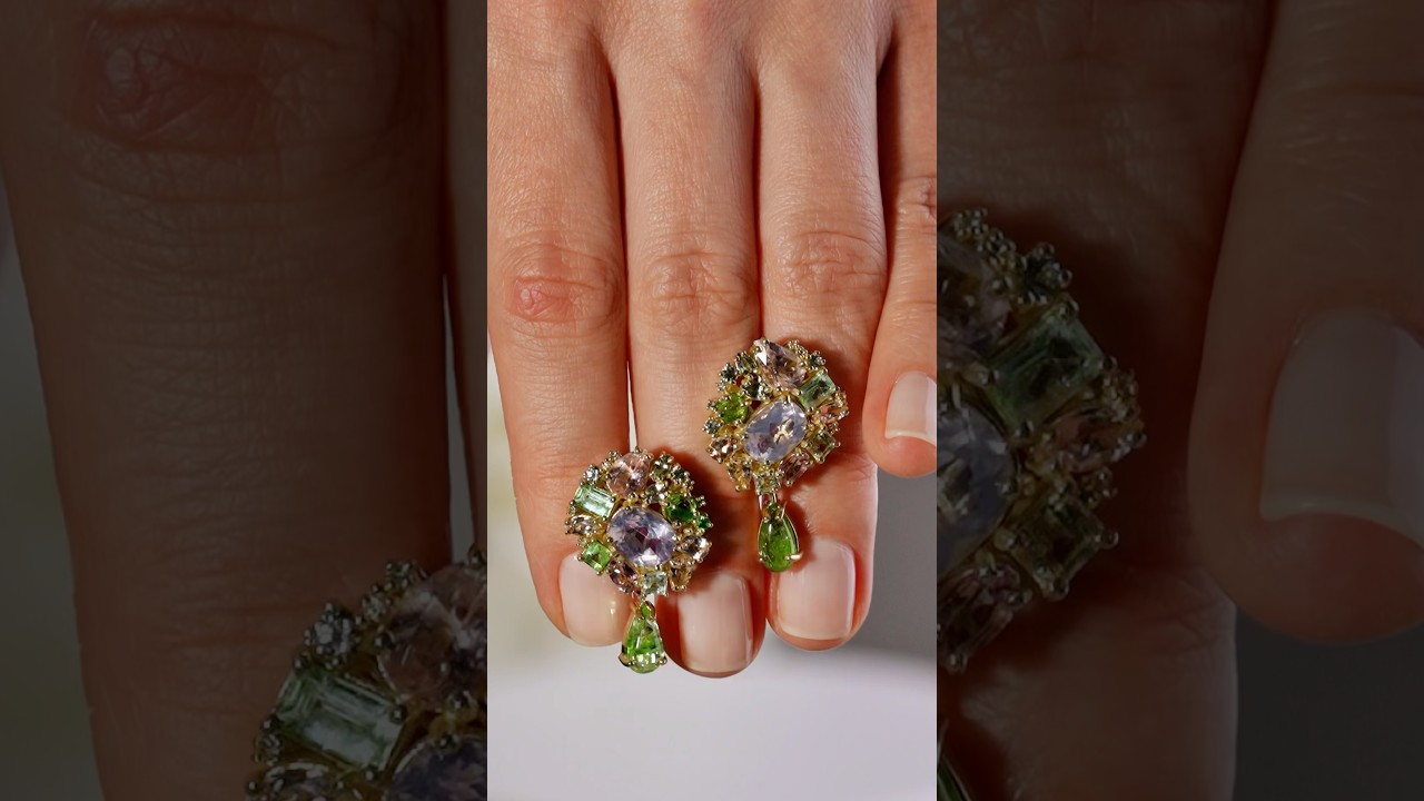 Весенний комплект: крупное кольцо и серьги с лавандовым кварцем и зелеными тсаворитами