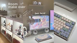 aesthetic & cozy room makeover | gaming desk setup, unboxing a new keyboard