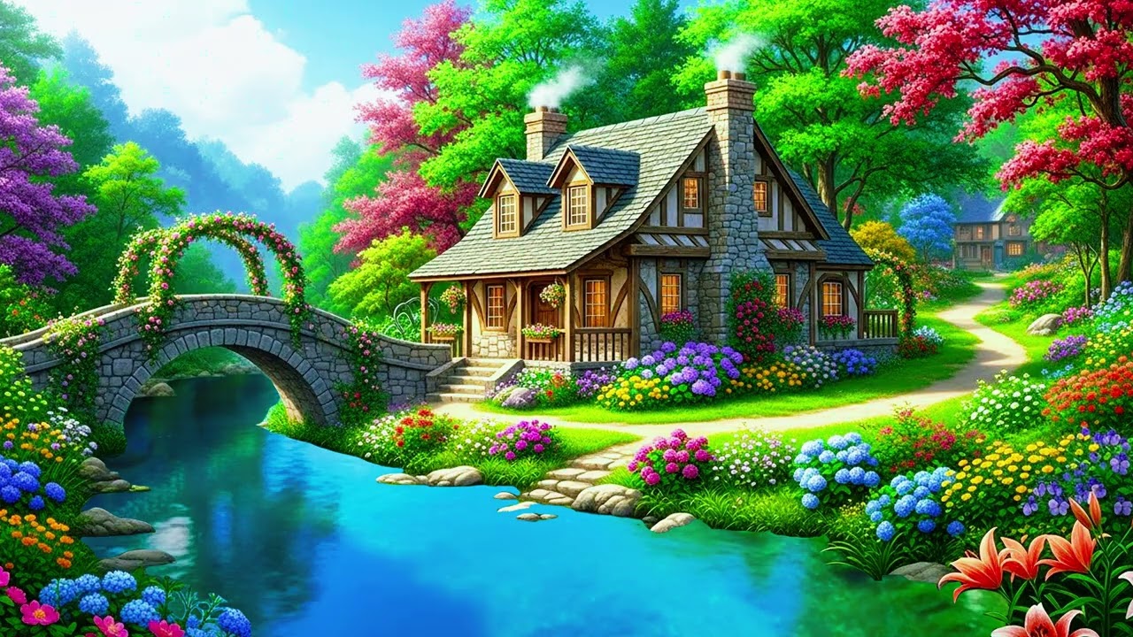 Riverside Harmony } House, Flowers & Beautiful Bridge | Relaxing Music for Peace & Deep Calm