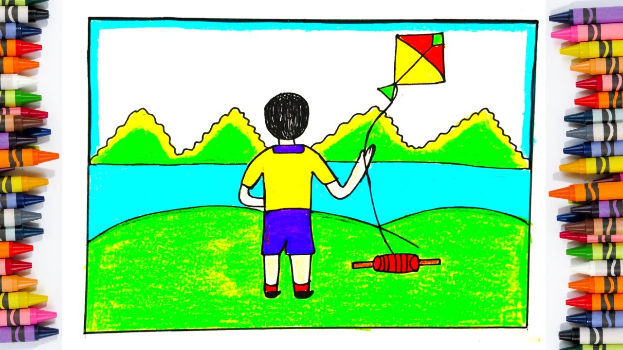 How To Draw Kite Flying Festival Scenery Easy Steps Indian Festival
