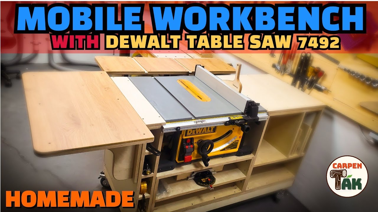 Mobile workbench with Dewalt table saw / Convenient and woodworking in a narrow workroom - YouTube