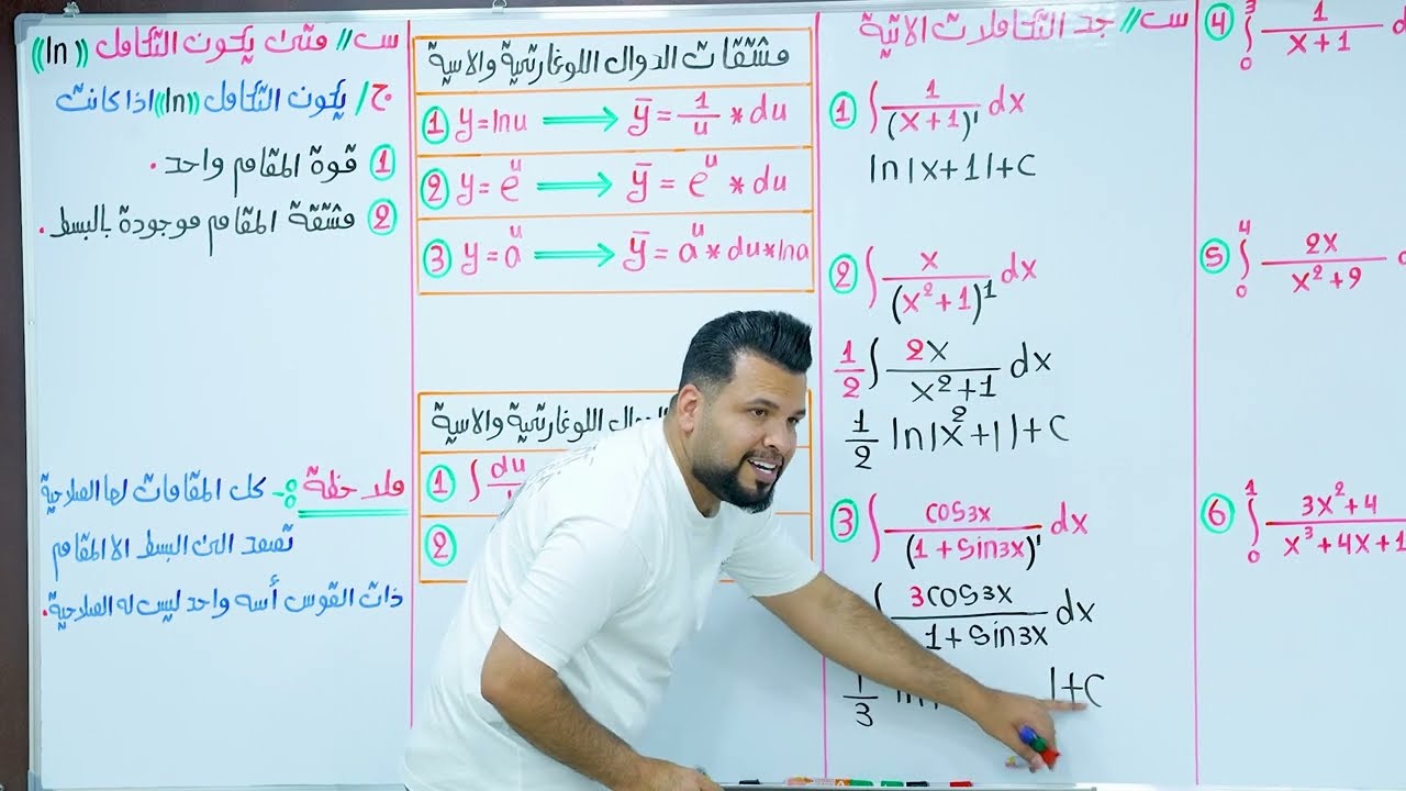 تكاملات الدوال اللوغارتمية والأسية / محاضرة 23 / الأستاذ محمد قاسم