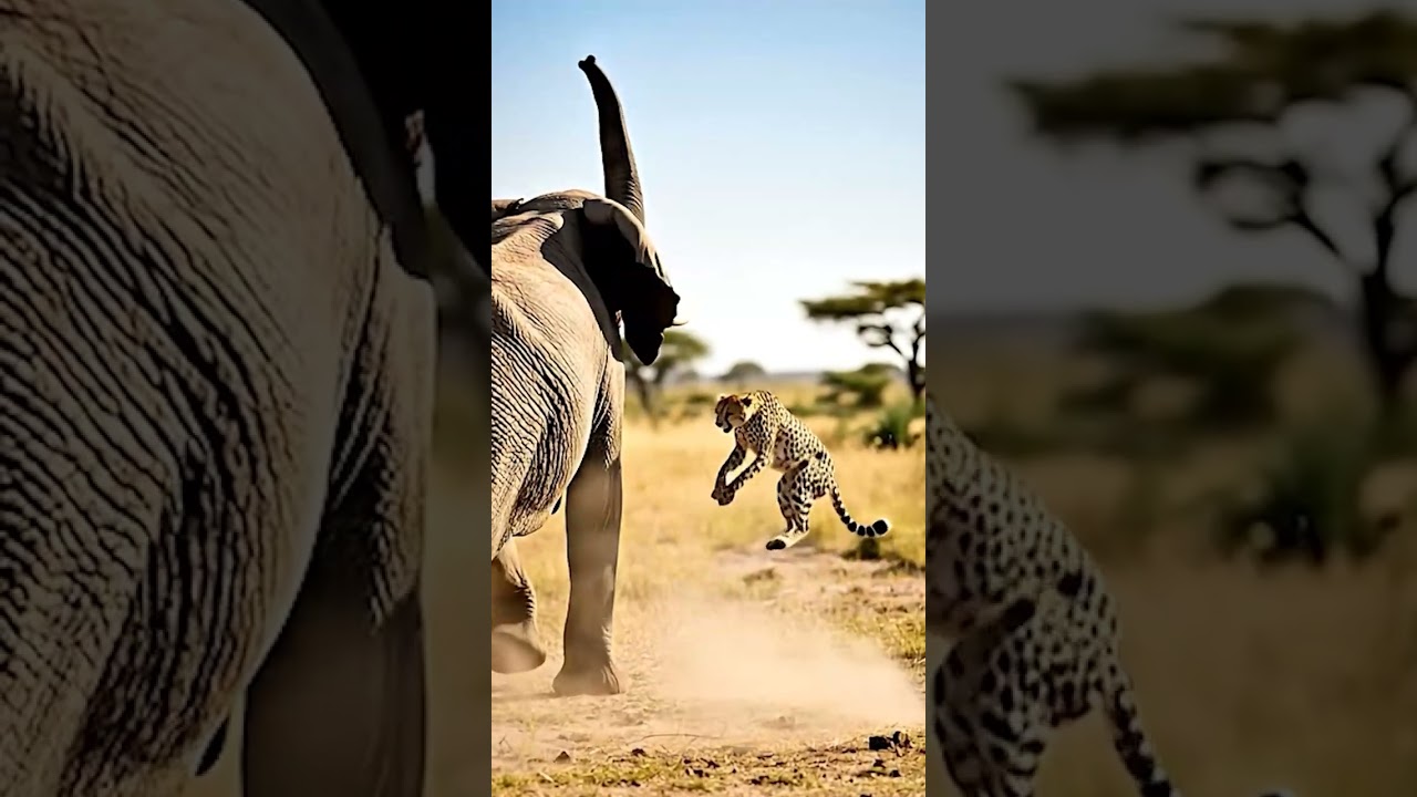 When Elephants Get Angry: Cheetah Jumps to Safety! 