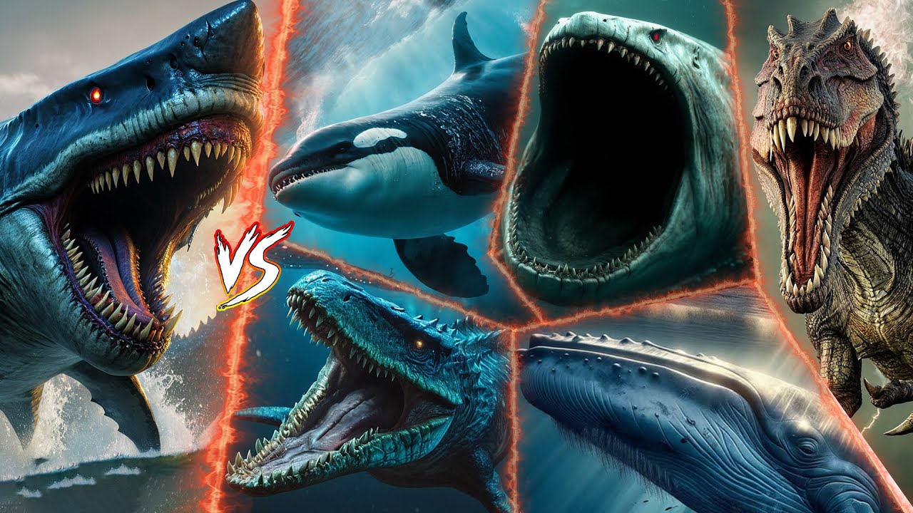 أخطر معارك قرش الميجالودون ضد(بلوب و الاوركا والموزاصور والحوت الازرق و حوت الليفايثن و الاسبينوصور)