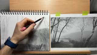 Simple Forest Landscape Drawing, Using Charcoal Timelapse