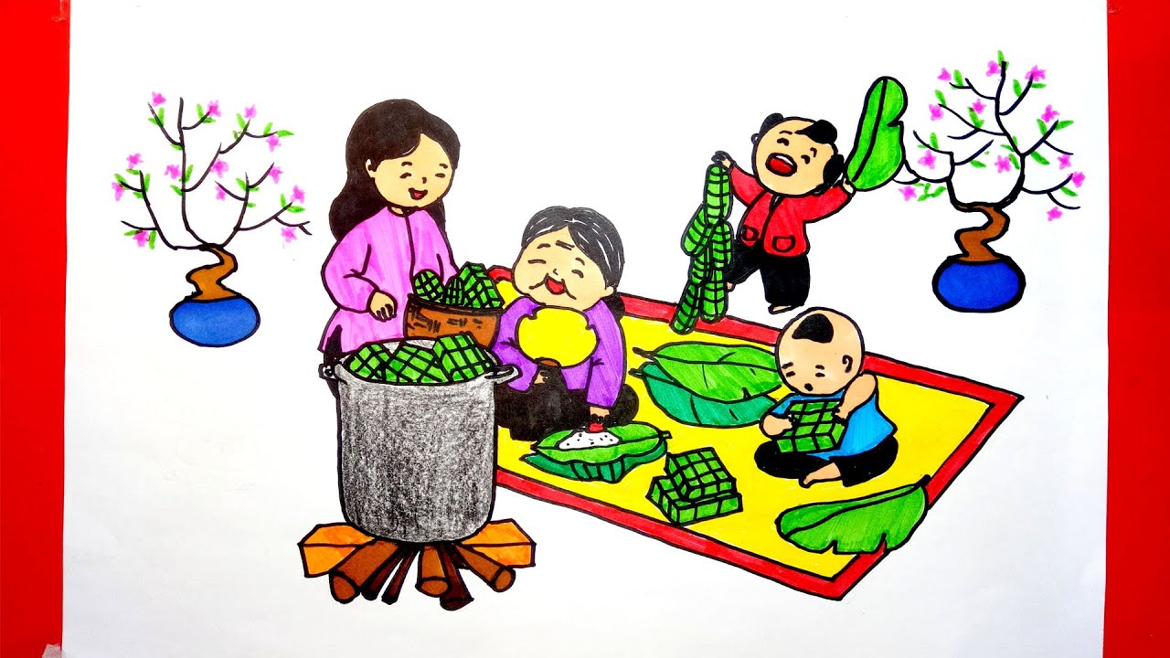 Vẽ tranh gói bánh chưng ngày Tết đơn giản - Vẽ tranh gia đình gói bánh  Chưng ngày Tết - YouTube
