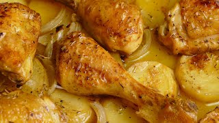 Baked chicken with beer, potatoes and onion  easy recipes