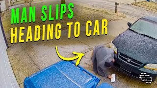 Security Camera Captures a Man as He Slips on Ice Heading Towards His Car