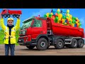 Çocuklar kamyonlar, ekskavatörler, oyuncaklarla öğrenir ve oynar Trucks and toys for kids