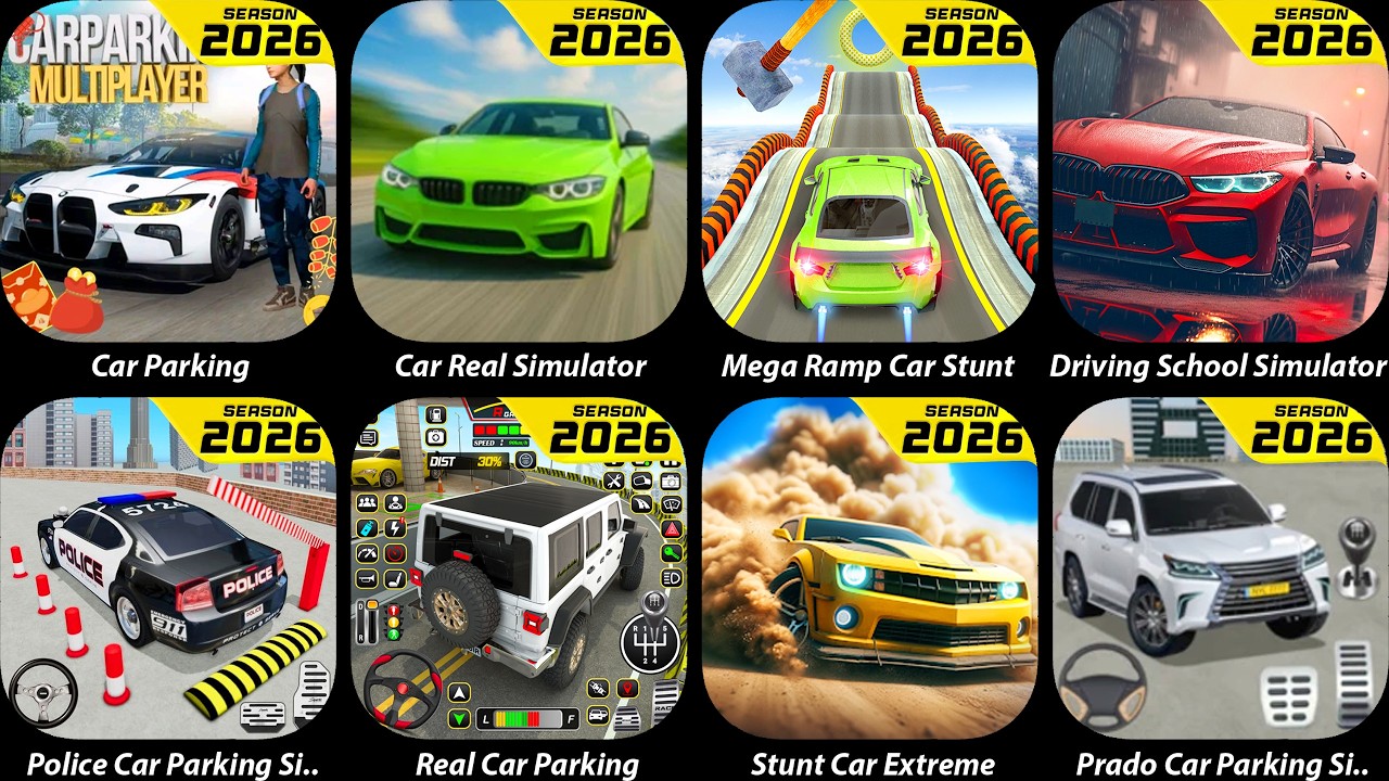 Car Parking Multiplayer,Car Real Simulator,Mega Ramp Car Stunt,Police Car Parking,Prado Car Parking